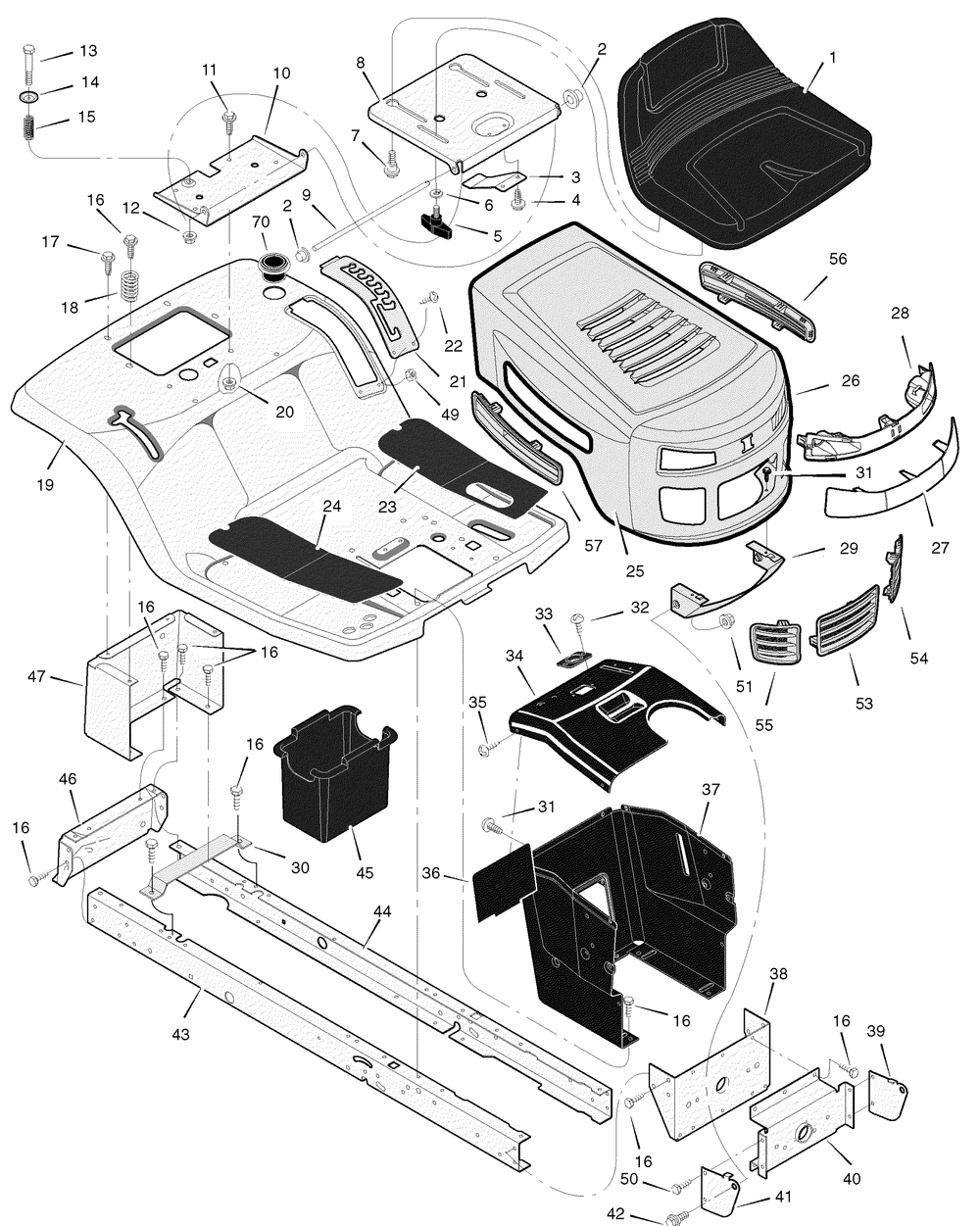 Chassis And Hood Diagram and Parts List for 385002X108B 2007 Briggs and Stratton Lawn Tractor